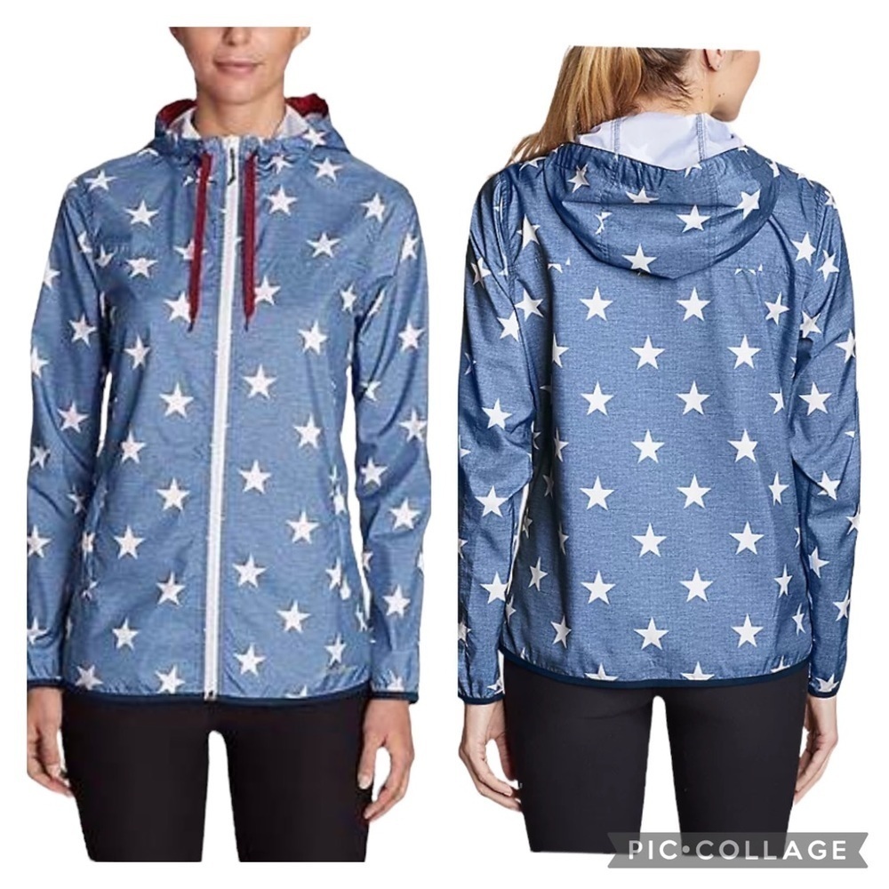 Eddie Bauer Star Print Momentum Light Windbreaker Jacket Hood UPF 50 NWOT Women